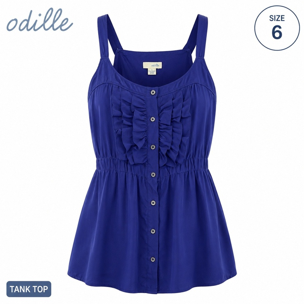 Odille Anthropologie Silk Ruffle Tank Top Womens 6 Royal Blue Y2K Boho Blouse